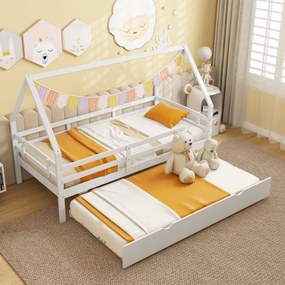 Cama infantil 90 x 200 cm em forma de casa com cama extra  (COLCHÕES NÃO INCLUIDOS) Estrutura de madeira com teto e grades de segurança Não necessita
