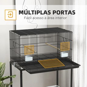 Gaiola para Pássaros com Rodas 77x46x119 cm Bandeja Amovível 2 Poleiros 2 Comedouros e Prateleira de Armazenamento Preto