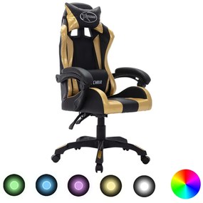 Cadeira estilo corrida luzes LED RGB couro artif. dourado/preto