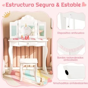 Conjunto de toucador e banco para raparigas 2 em 1 com espelho de vidro real triplo rebatível e gaveta Branco