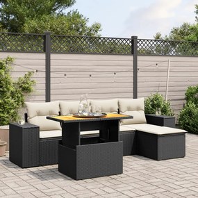 6 pcs conjunto sofás de jardim c/ almofadões vime PE preto