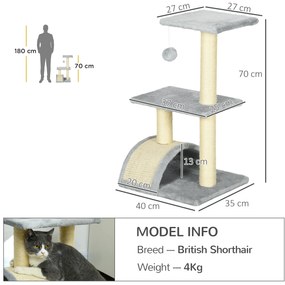 Arranhador para Gatos Médio de 3 Níveis  com Postes de Sisal Placa para Arranhar e Bola Suspensa 40x35x72 cm Cinza