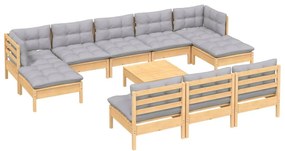 11 pcs conjunto lounge de jardim c/ almofadões cinzentos pinho