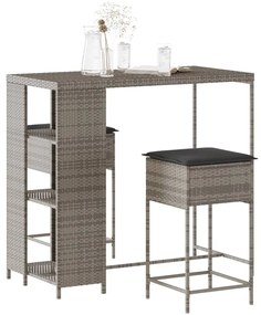 3 pcs conjunto de bar p/ jardim c/ almofadões vime PE cinzento