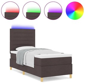 Cama Box Spring com Colchão &amp; LED Castanho Escuro 80x200 cm Tecido