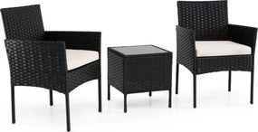 Conjunto de móveis de jardim de 3 peças em rattan com 2 cadeiras e Mesa auxiliar de vidro para terraço, pátio ou varanda Bege+Preto