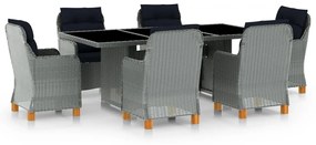 vidaXL 7 pcs conj. jantar exterior + almofadões vime PE cinzento-claro
