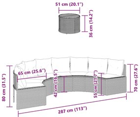 Sofá de jardim com mesa e almofadões semicircular vime PE preto