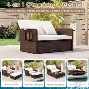 Conjunto de espreguiçadeira e sofá de rattan para jardim, 2 peças, com Pufe com espaço de arrumação, encosto ajustável e mesas dobráveis, castanho + b