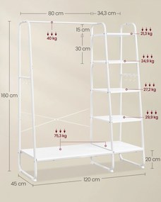 Cabide Guarda Roupa com 6 ganchos 45 x 120 x 160 cm branco