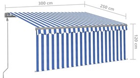 Toldo automático c/ estore/LED/sensor vento 3x2,5m azul/branco