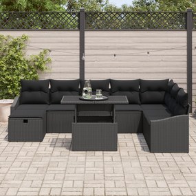 Conjunto de Sofá de 9 Peças para Jardim com Almofadas Preto de Rattan