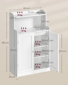 Armário de casa de banho com 2 portas e prateleiras 30 x 60 x 100 cm Branco