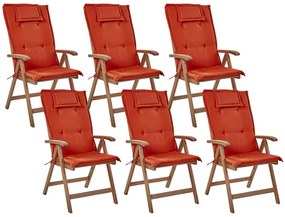 Conjunto 6 cadeiras de jardim em madeira escura de acácia com almofadas vermelhas AMANTEA Beliani