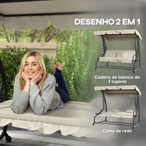 Banco Baloiço de Jardim 3 Lugares Convertível em Cama com Toldo Ajustável e 2 Almofadas  200x120x164 cm Creme