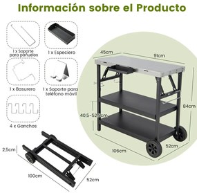 Carrinho cozinha com suporte de prateleira ajustável para preparação de alimentos uso interior ou exterior 106 x 52 x 84 cm preto e prata