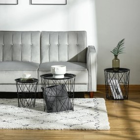 HOMCOM Conjunto de 3 mesas laterais empilháveis Cestos de metal com bandeja removível e espaço de armazenamento Estilo moderno para sala de estar Diâmetro Ø43 Ø35 e Ø30 preto
