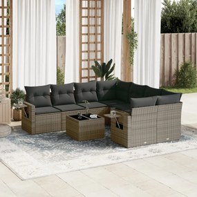 9 pcs conjunto sofás p/ jardim com almofadões vime PE cinzento