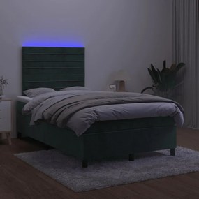 Cama box spring com colchão e luzes LED veludo verde-escuro