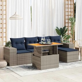 6 pcs conjunto sofás de jardim com almofadões vime cinzento