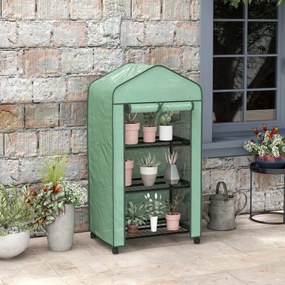 Mini estufa de jardim com 3 prateleiras 69 C x 49 L x 130 A cm, lona de PE de alta densidade, porta enrolável, 4 rodas Verde