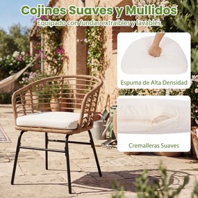 Conjunto jardim de rattan PE para exterior com almofadas macias, Estrutura metálica e tampo em vidro temperado para pátio ou terraço, cor bege