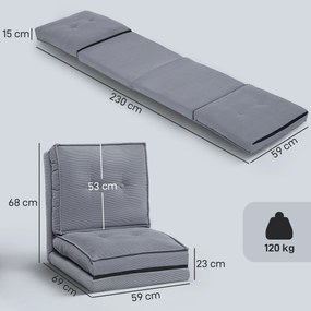 Poltrona chão dobrável de veludo canelado,  com encosto ajustável em 5 posições, 59 x 230 x 15 cm, cinzento