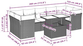 8 pcs conjunto sofás de jardim c/ almofadões vime PE cinzento