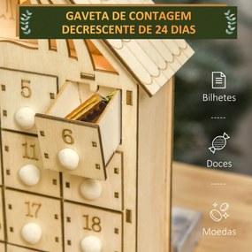 HOMCOM Calendário de Advento de Madeira com Luzes Calendário de Advento com 24 Caixas de Contagem Regressiva Decoração de Natal 26,6x6x30 cm Madeira