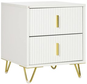 HOMCOM Mesa de Cabeceira com 2 Gavetas Mesa Auxiliar com Pés de Metal para Sala de Estar Dormitório 40x40x47 cm Branco e Dourado