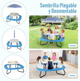 Mesa de atividades jardim crianças com guarda-sol ajustável e dobrável, 4 bancos incorporados até 8 crianças, 125 × 125 × 100-160 cm branca