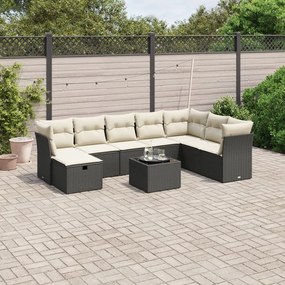 9 pcs conjunto de sofás p/ jardim c/ almofadões vime PE preto