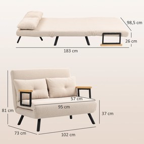 Sofá Cama Sofá Convertível em Cama de 2 Lugares Dobrável com Encosto Ajustável em 5 Níveis e 2 Almofadas 102x73x81 cm Bege