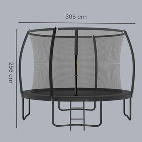 Trampolim de 305 cm de diâmetro, trampolim de jardim com rede de segurança, varas curvas com 180 cm de altura Preto