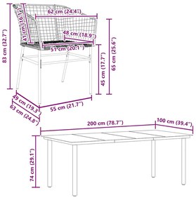 Conjunto jantar jardim 9 peças vidro vime PE castanho