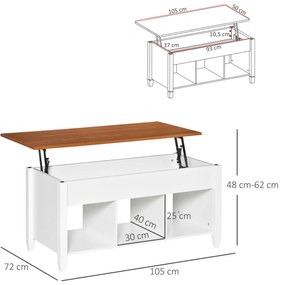 HOMCOM Mesa de Centro com Bancada Elevável Mesa de Centro com 3 Compartimentos Abertos Mesa Retangular Moderna para Sala de Estar 105x50x48cm Branco e Marrom