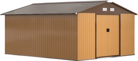 Outsunny Abrigo de Jardim Metálico Exterior 3,4x3,9x2 m Abrigo de Jardim para Armazenamento de Ferramentas com 4 Janelas Castanho | AOSOM Portugal