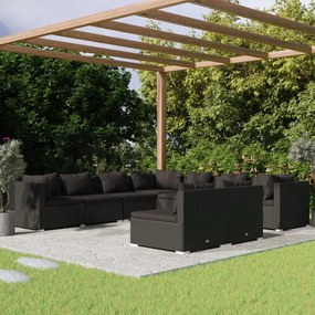 9 pcs conjunto lounge de jardim c/ almofadões vime PE preto