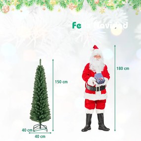 Árvore de Natal Artificial 150 CM forma Lápis com 295 pontas de ramos Base de fio de memória Base de metal Decoração de árvore fina Verde