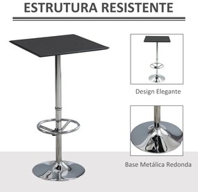 HOMCOM Mesa de Bar Mesa Alta de Cozinha com Apoio para os Pés Ajustável e Estrutura de Metal para Sala de Jantar Carga Máxima 60kg 62x62x110cm Preto e Prata