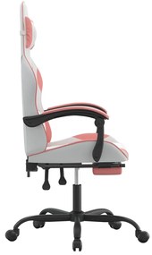 Cadeira gaming giratória c/ apoio pés couro artif. branco/rosa