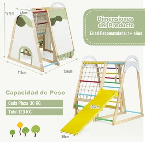 Parque infantil de madeira 6 em 1 com escorrega, barras, argolas, rede, escada e tenda para crianças a partir de 1 ano – Multicolorido