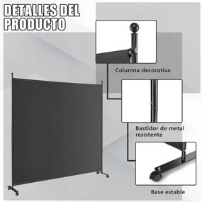 Biombo Divisória de ambientes 184 x 30 x 184 cm com painel único, tela de privacidade larga com rodas bloqueáveis Preto