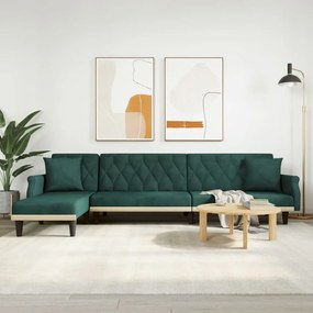 vidaXL Sofá-cama em forma de L 271x140x70 cm veludo verde-escuro