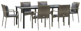 7 pcs conjunto jantar jardim c/ almofadões vime PE preto/cinza