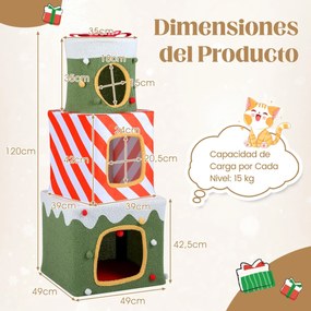 Arranhador de Natal para gatos de interior 49 x 49 x 120 cm com escalada para gatos com 3 casas e cavernas para se esconder Bola pendente verde