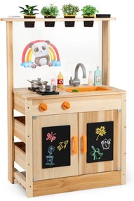 Churrasqueira de madeira para crianças, conjunto de cozinha de faz de conta com comida e rodas - natural