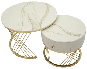 MESAS DE CAFÉ VOTIX CONJUNTO DE 2 UNIDADES CM Ø 70X48-50X43,5 CREME E DOURADO