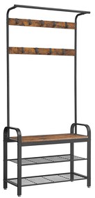 Cabideiro VASAGLE, cabideiro com banco para sapatos, design 4 em 1, com 9 ganchos removíveis, um varão para roupas, para corredor, entrada, 33,7 x 84 x 183 cm, industrial, marrom rústico e preto HSR400B01