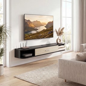 Móvel de TV suspenso de 120 (L) x 26 (P) x 16 (A) cm, para televisores até 50 polegadas, com porta rebatível, 2 prateleiras abertas preto e cor carval
